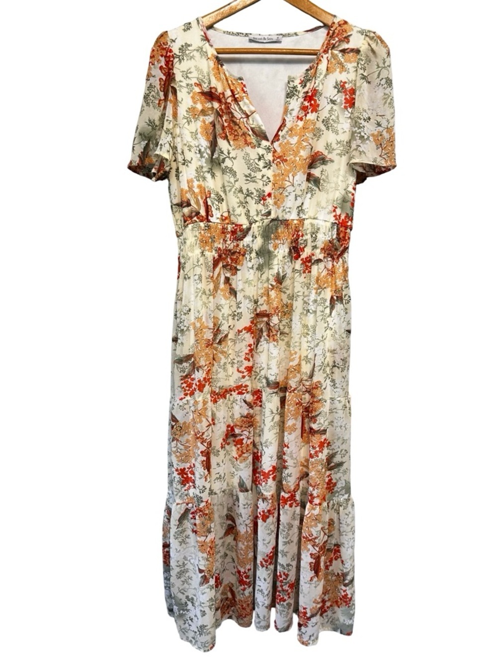 SEE AND BE SEEN Floral Midi Dress SZ M Boho Cottagecore Tiered Short Sleeve